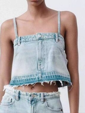 Zara Light Wash Denim Crop Tank Top